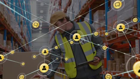 Network-of-profile-icons-against-male-supervisor-with-digital-tablet-checking-stock-at-warehouse