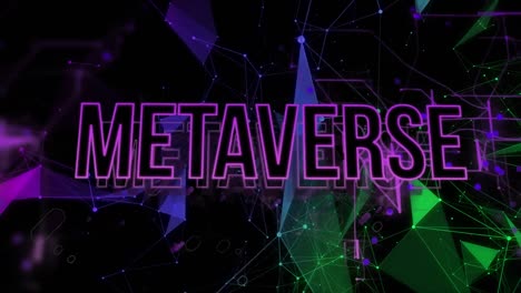 animation of metaverse text banner over light trails and plexus networks against black background