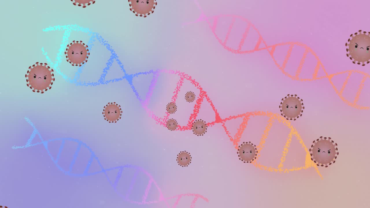 animación de células de covid 19 con rostros en movimiento y cadenas de adn girando
