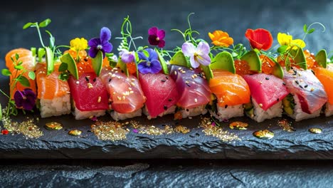 gourmet sushi platter with edible flowers