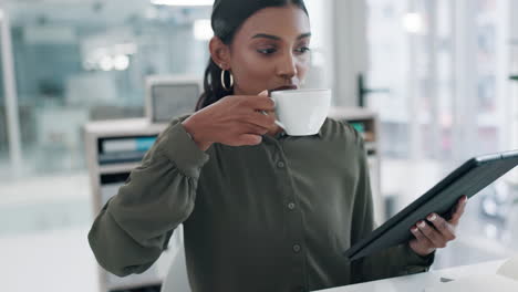 coffee, tablet and a business woman in office
