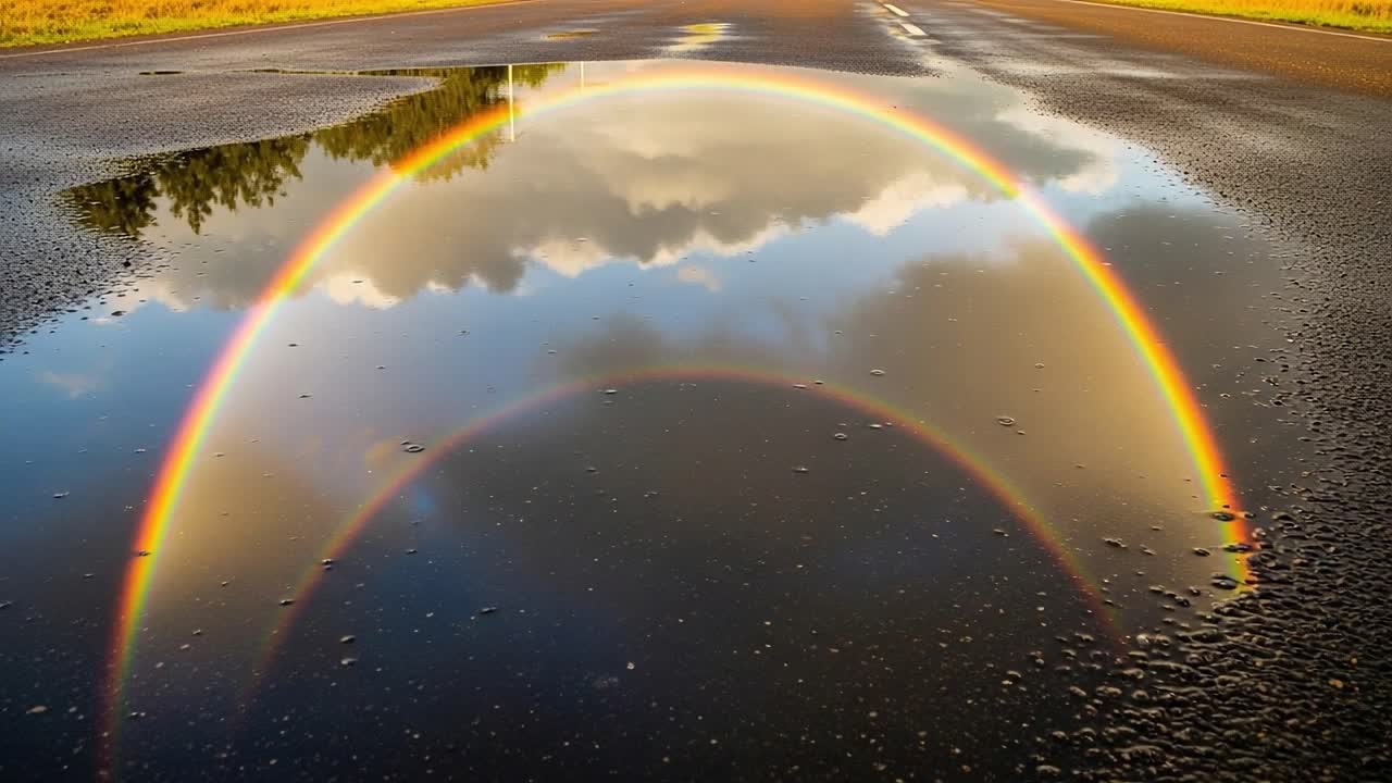 Stunning Reflection of a Rainbow on a Wet Road After Rain, Showcasing Nature's Beauty and the Surrounding Landscape in an Enchanting Scene