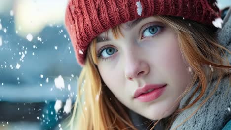 a woman wearing a red hat and scarf in the snow