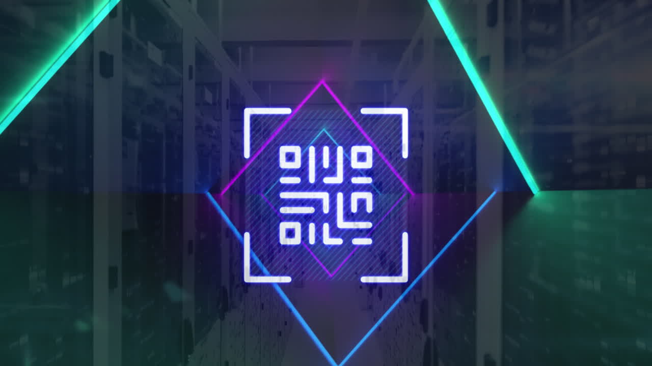 Animation of qr code, neon lines, data processing over servers