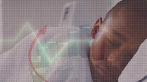 statistical data processing and heart rate monitor over african american boy on hospital bed