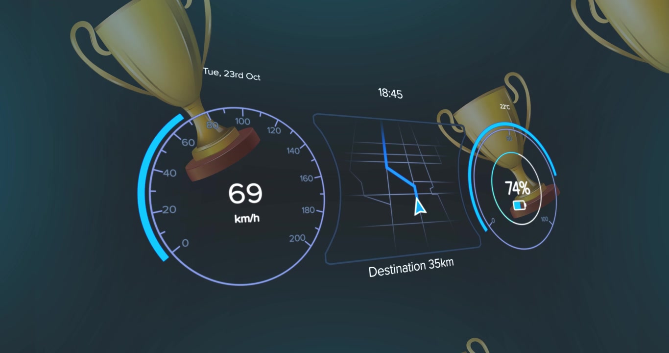 Digital Car Dashboard Interface with Speedometer and Navigation Map