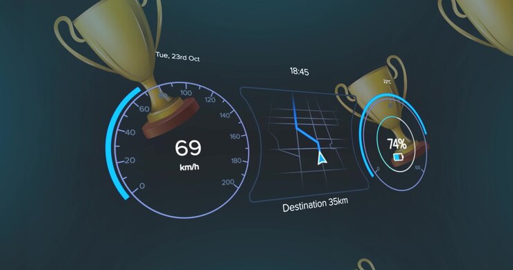 Digital Car Dashboard Interface with Speedometer and Navigation Map