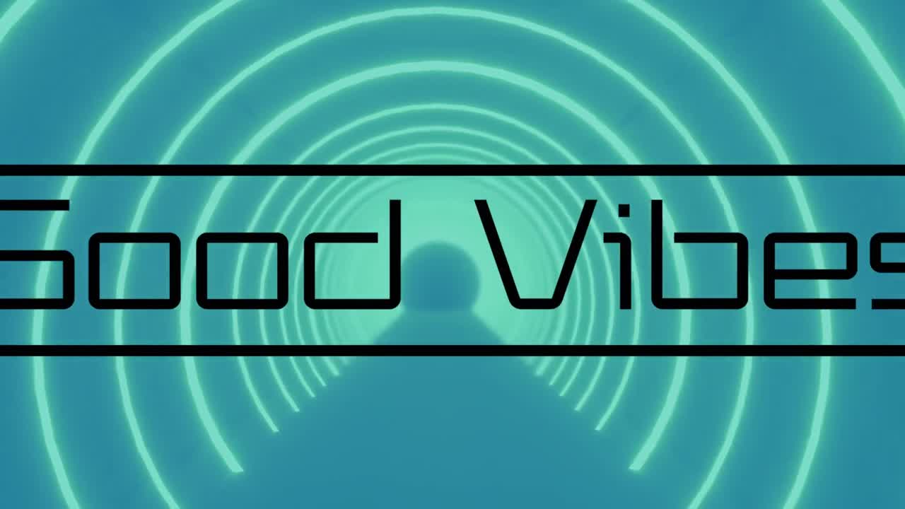 Animazione del testo 'good vibes' e cerchi su sfondo nero