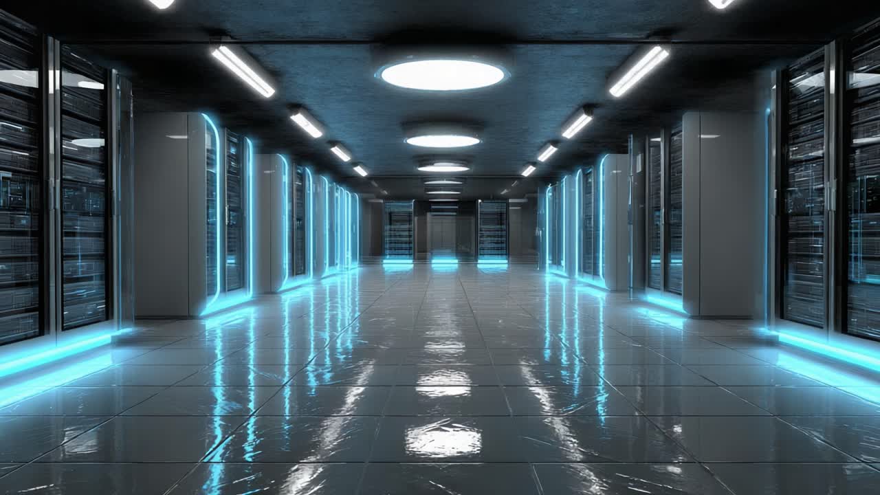 Interno di un data center futuristico con accenti luminosi e infrastrutture moderne, che mostra rack di server e riflessi eleganti su un pavimento lucido.