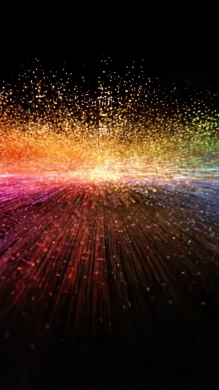 Un'esplosione vibrante di particelle colorate e raggi di luce su uno sfondo nero, che crea un effetto visivo mozzafiato di profondità e movimento.