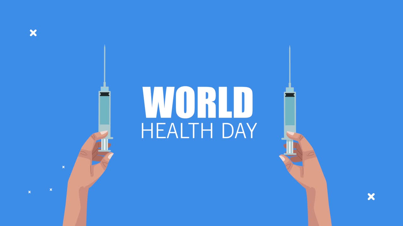 세계 건강의 날 손으로 글자를 쓰고 주사기를 들어 올립니다.