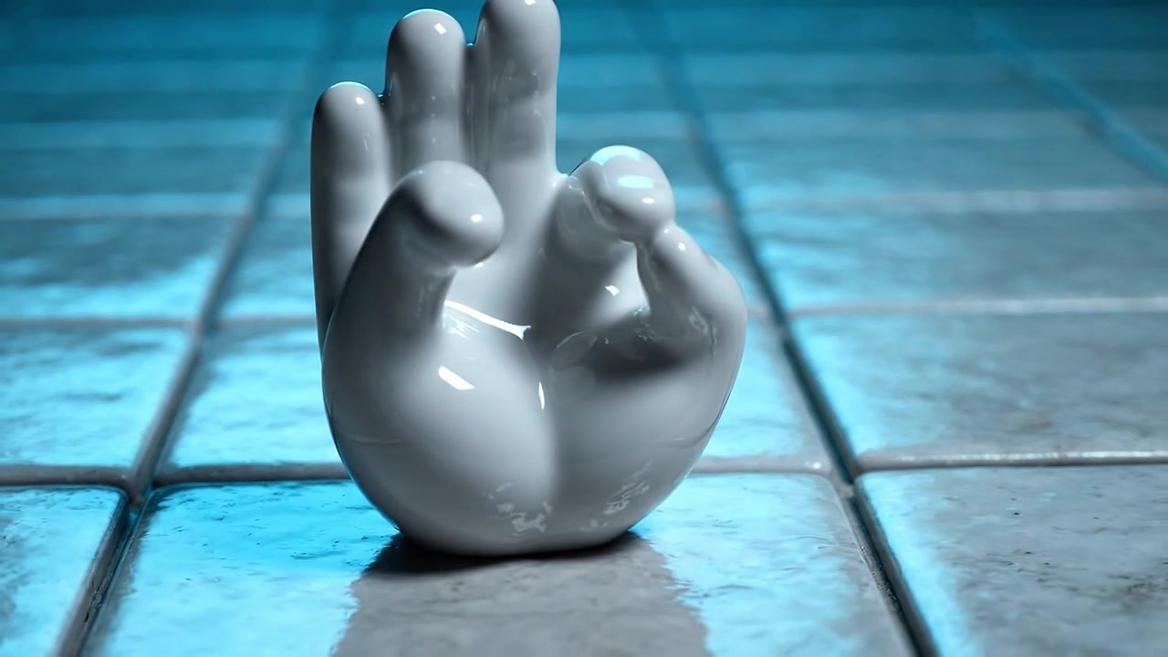 Una scultura di mano in ceramica scintillante su piastrelle riflettenti, che crea un contrasto artistico con illuminazione blu e texture scintillanti in un ambiente moderno.