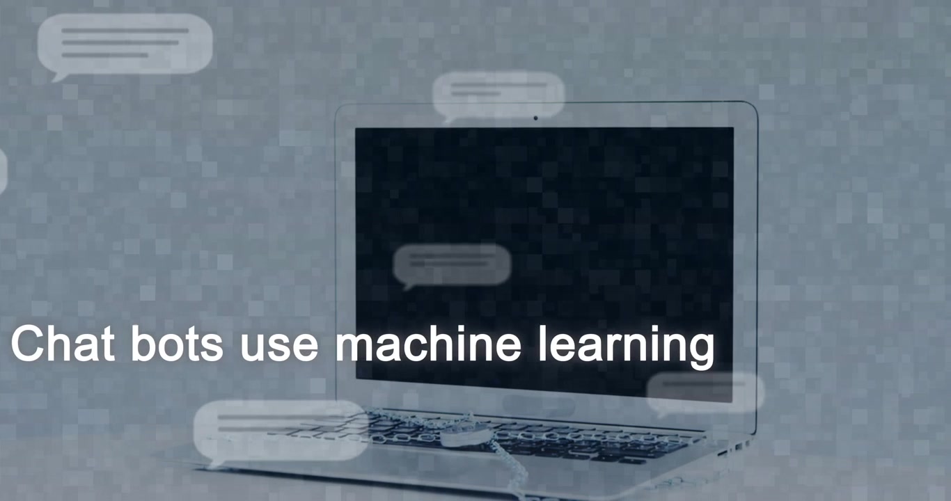 Vertical video: Showing silver laptop replying after avatar prompt on set, robot icon and bubbles