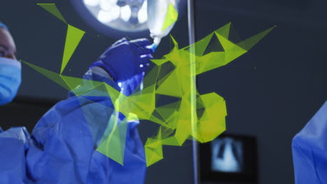 medical professional adjusting iv drip, geometric shapes animation over surgical scene