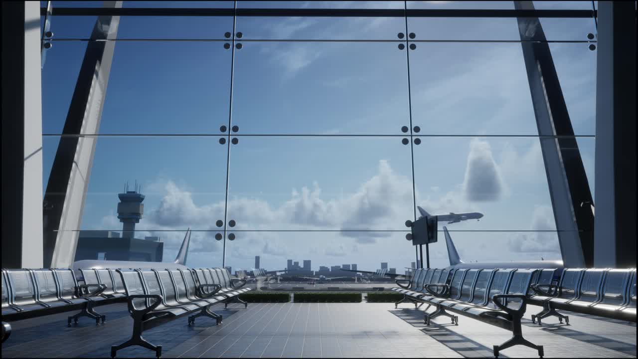 Empty Airport Terminal with View of Airplane