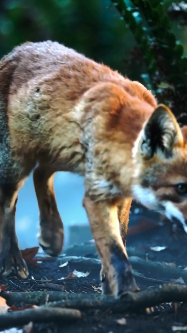 Vertical video: Sniffing red fox walking across forest floor following scent and stepping over root