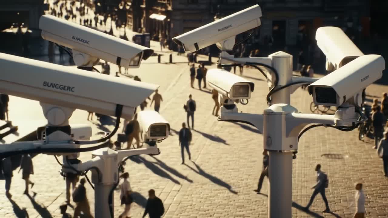 Surveillance in Action: A Panoramic View of Urban Hubs Captured by Multi-Angle Security Cameras Observing a Bustling Crowd During Golden Hour