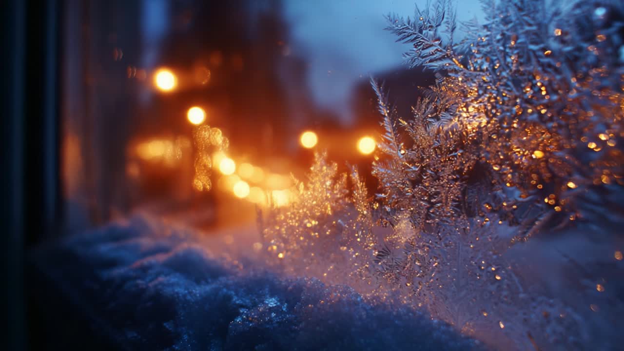 A Winter's View Through Frosted Glass: Captivating Scenes of Glittering Snow and Twinkling Lights Create a Magical Atmosphere as Evening Settles in, Highlighting the Beauty of Winter's Embrace