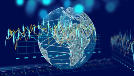 Animación-Del-Procesamiento-De-Datos-Financieros-Sobre-El-Mundo-Sobre-Fondo-Azul