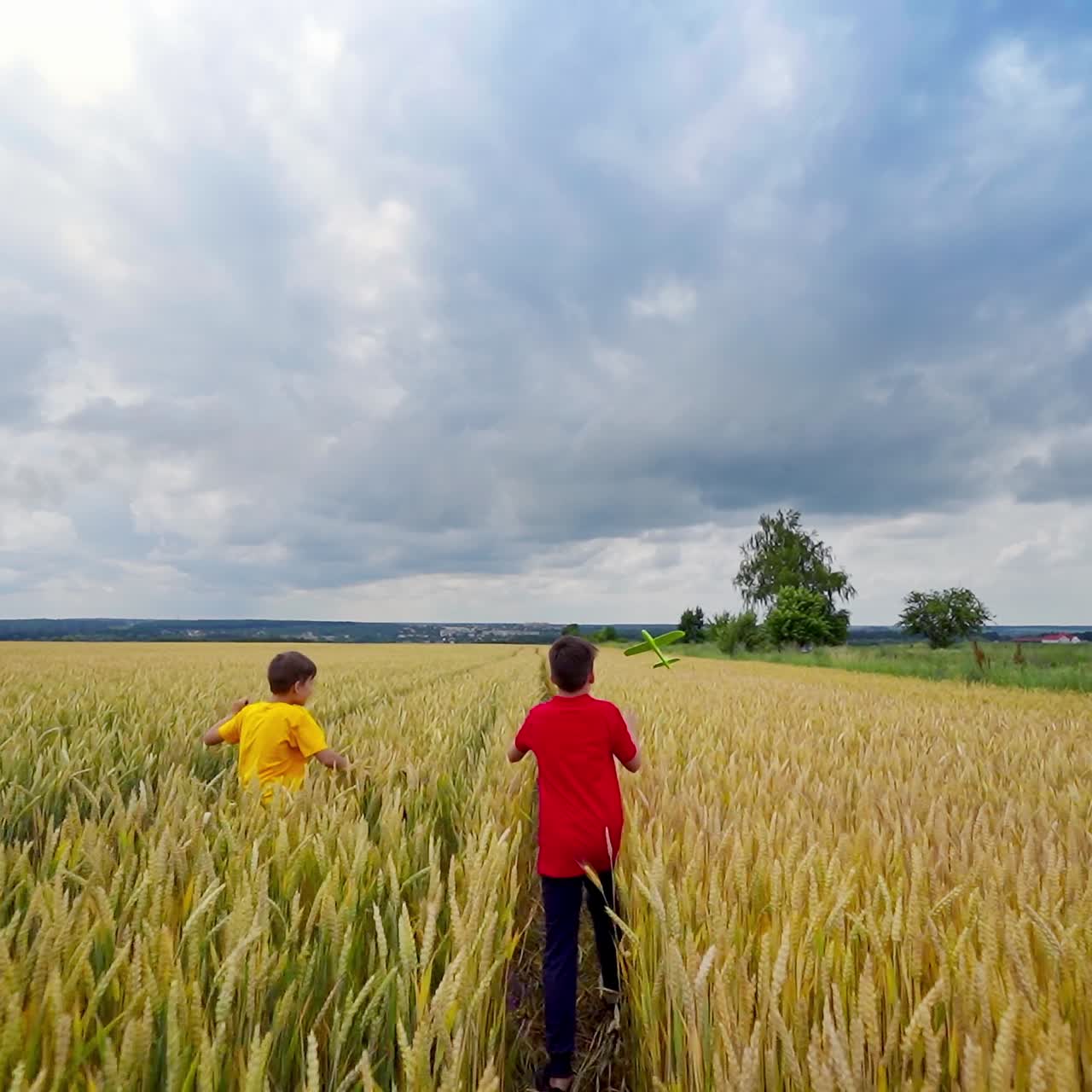 Children having fun on agricultural field. Boys launching toy planes in farmland in summer day. Happy childhood.
