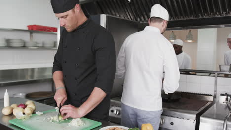 group of focused diverse male chefs preparing meals in kitchen, slow motion