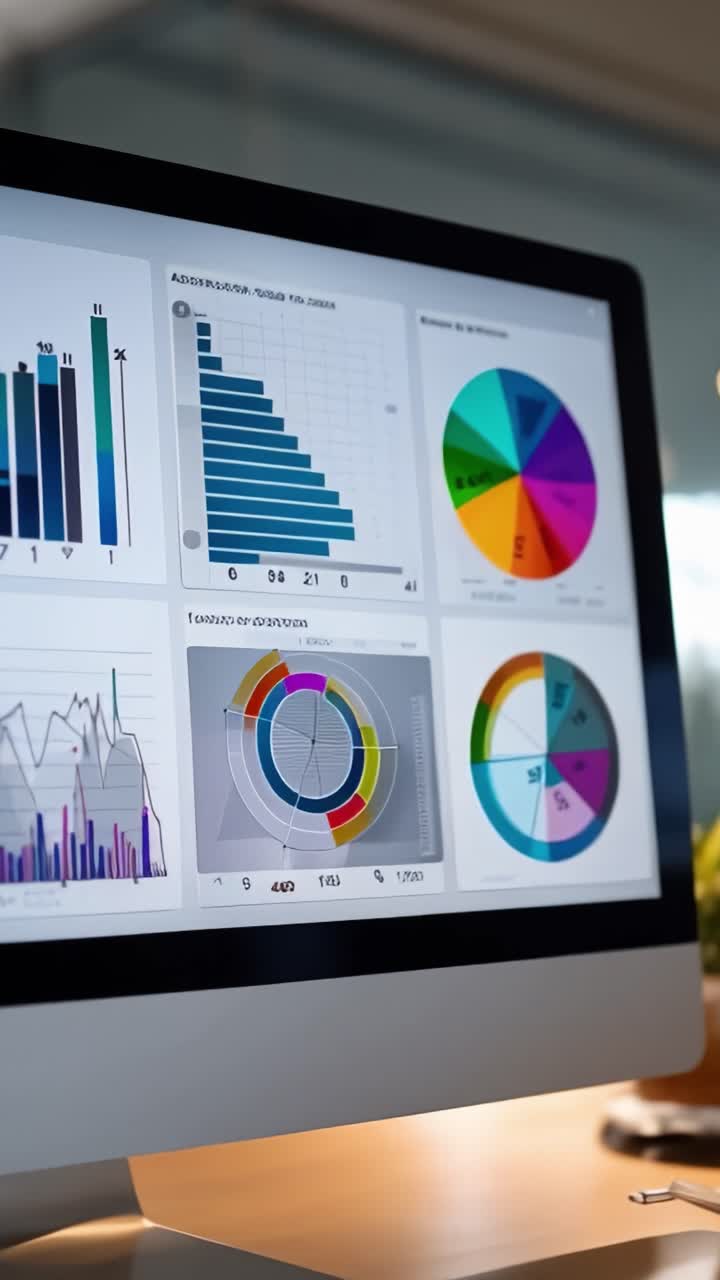 Visuell dataanalyse vist på en dataskjerm med ulike grafer og diagrammer som illustrerer viktig statistisk informasjon