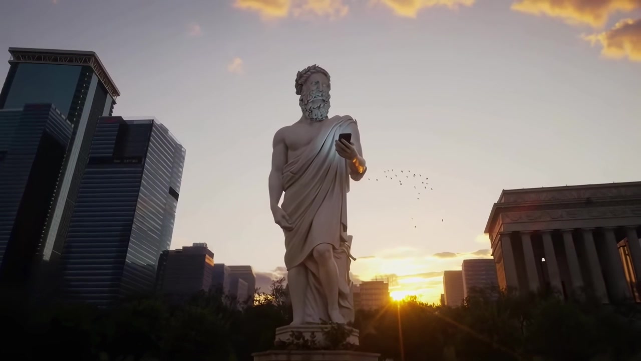 Statua antica che tiene uno smartphone in una città moderna al tramonto