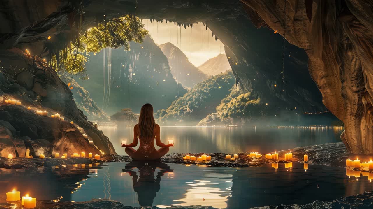 Woman Meditating by a Lake in a Cave