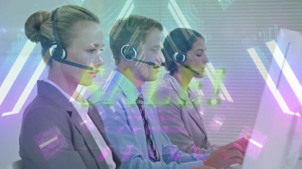 전화 헤드 ⁇  을 사용하는 사업가 들 위 에 빛나는 네온 터널 의 애니메이션