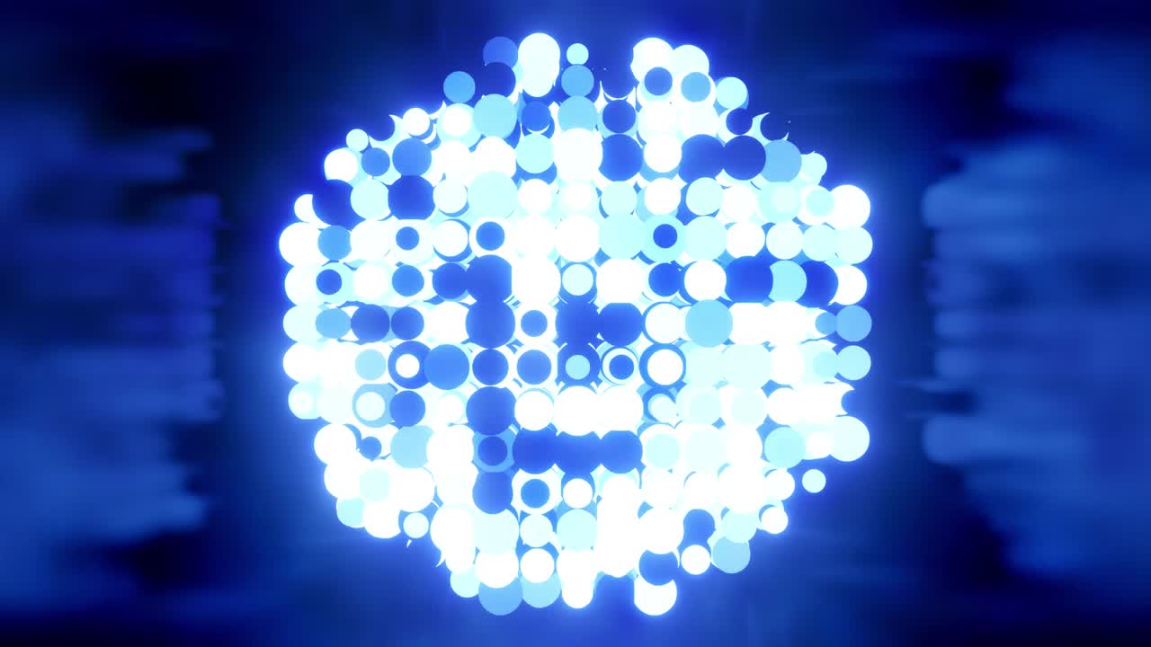 Sfere blu luminose lampeggiano in una stanza lucida. Sfondo astratto 3D 4K di sfere luminose in una camera scura e lucida. Sfondo elegante in una tonalità di colore. Le lampadine si accendono e si spengono casualmente in file a formare una sfera