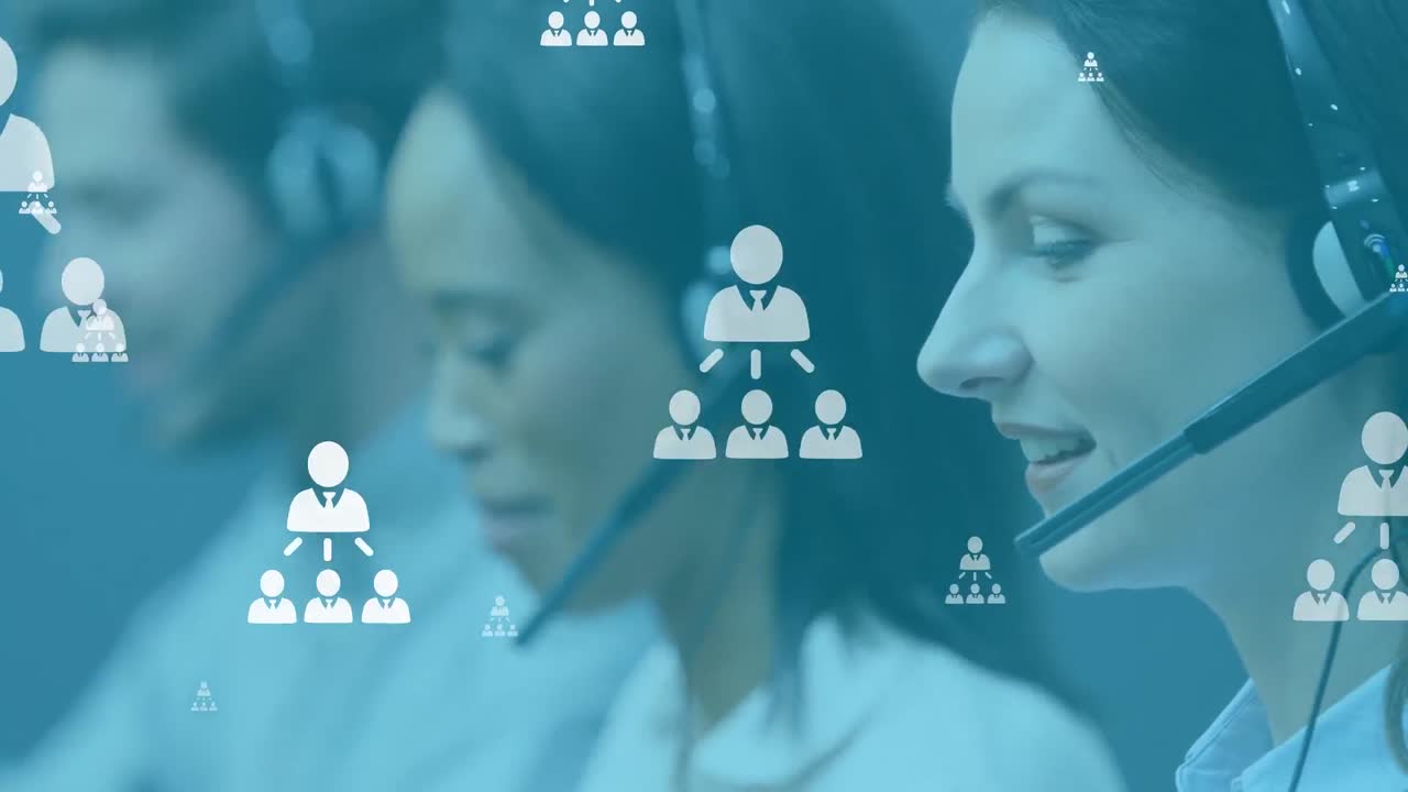 animación de iconos de personas en línea sobre diversas personas de negocios que usan auriculares de teléfono
