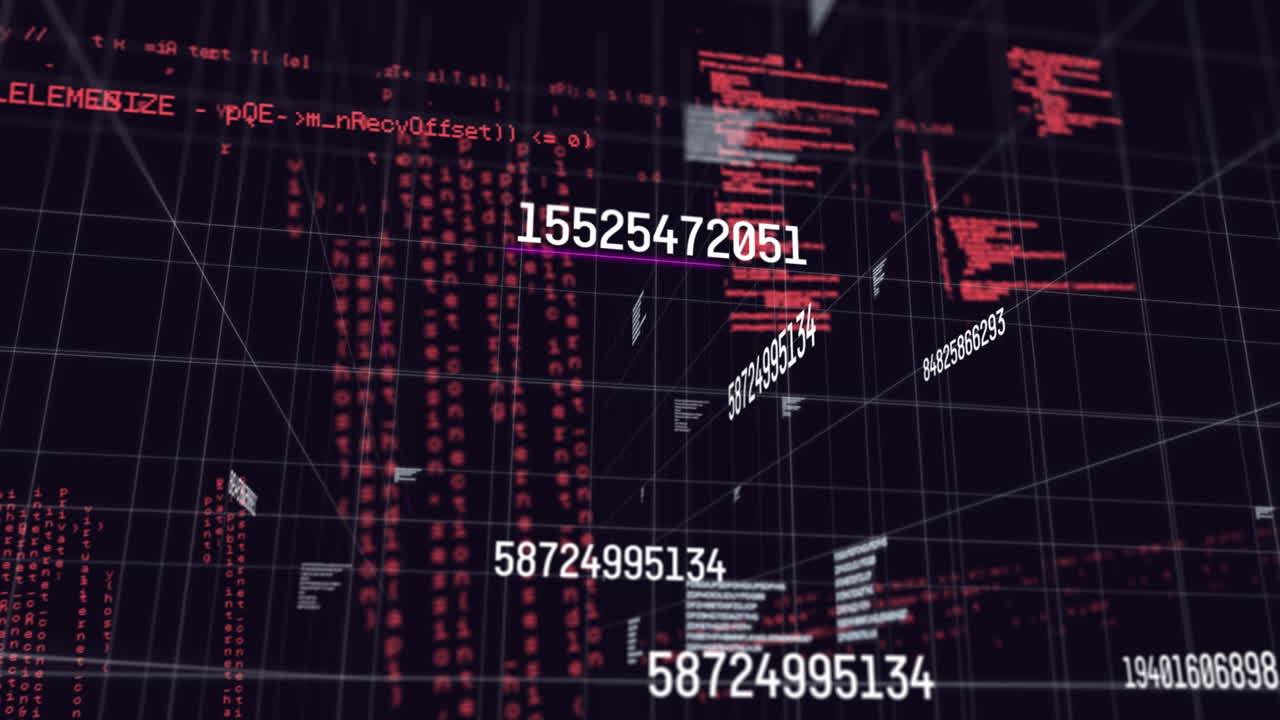 animación digital de números colgantes y procesamiento de datos contra un fondo negro