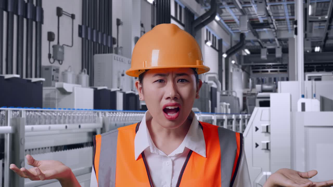 Close Up Of Wondering Asian Female Engineer With Safety Helmet Saying Why Working Doubtfully With Water Production in Bottling Factory