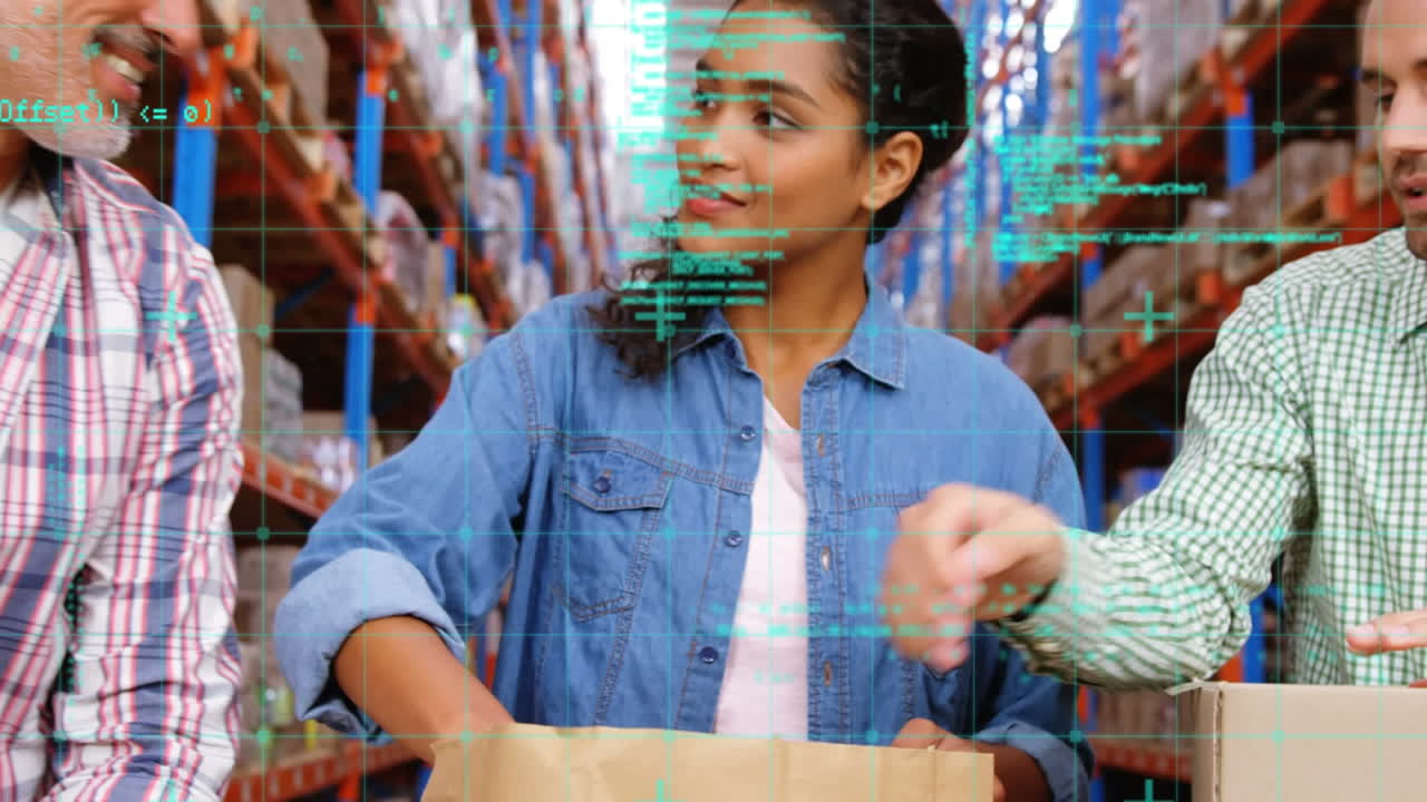 animación del procesamiento de datos sobre diversas personas que trabajan en el almacén