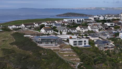 Ascending-drone,aerial--Crantock-Village-Cornwall-UK