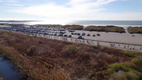 Antenne-Von-Läufern,-Die-An-Einem-Sonnigen-Tag-Ein-Straßenrennen-In-Der-Nähe-Des-Strandes-Laufen