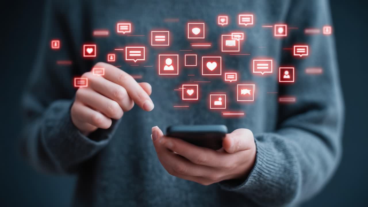 Exploring Digital Connections: A Person Engaging with a Smartphone, Surrounded by Symbols of Social Interaction and Communication in a Modern Context
