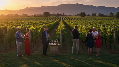 a serene evening gathering in a vineyard: friends enjoying wine, laughter, and stunning sunset views over rows of grapevines against a majestic mountain backdrop