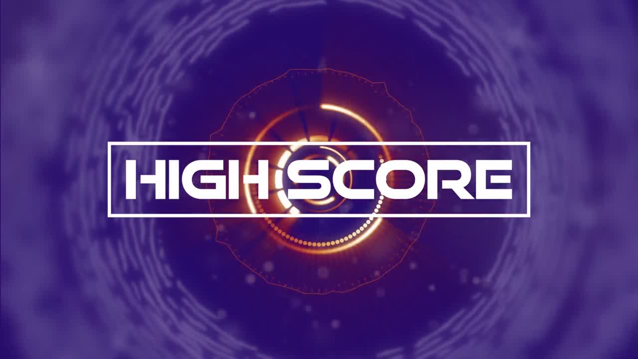 Animation of high score text over scope scanning and spots on blue background
