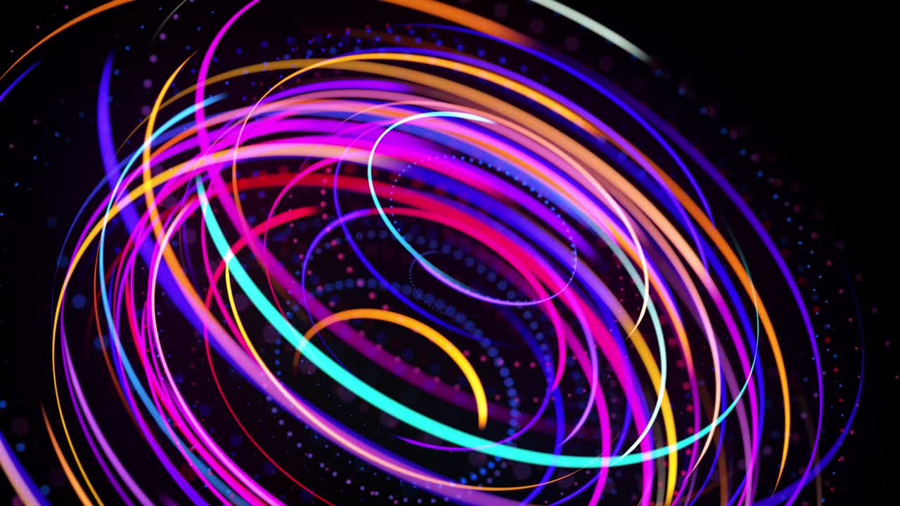 빛의 흐름은 반지 형태의 구조, 빛의 효과는 빛의 흔적과 함께 추상적인 루프 된 배경, 공간 형태의 반지에서 다채로운 네온 선의 흐름, 현대적인 트렌디 모션 디자인 배경.