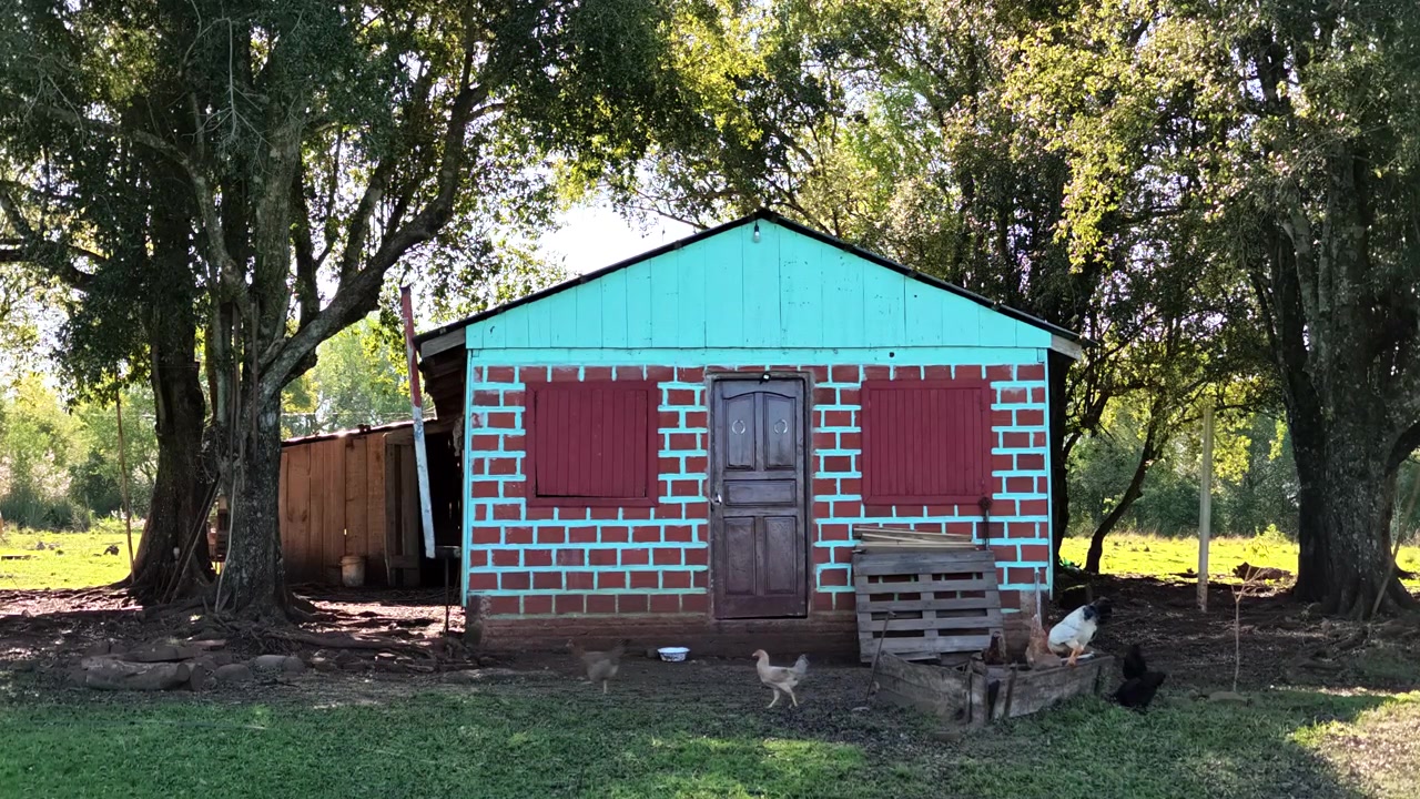 Pequena casa colorida com construção rústica simples fica sob árvores maduras em um cenário rural tranquilo