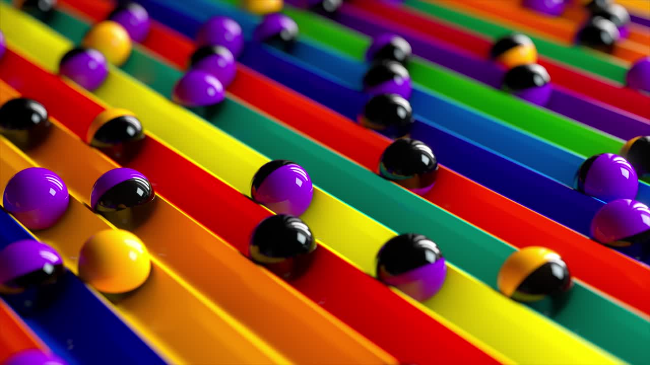 Bright colorful background with rolling balls along the paths. Minimalism and fashion concept. 3d animation of a seamless loop