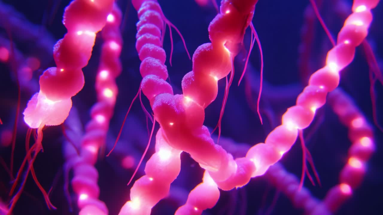 A captivating exploration of bioluminescent structures, showcasing vibrant pink strands illuminated with soft lights, weaving through a dark background, highlighting the intricate patterns and beauty of organic forms