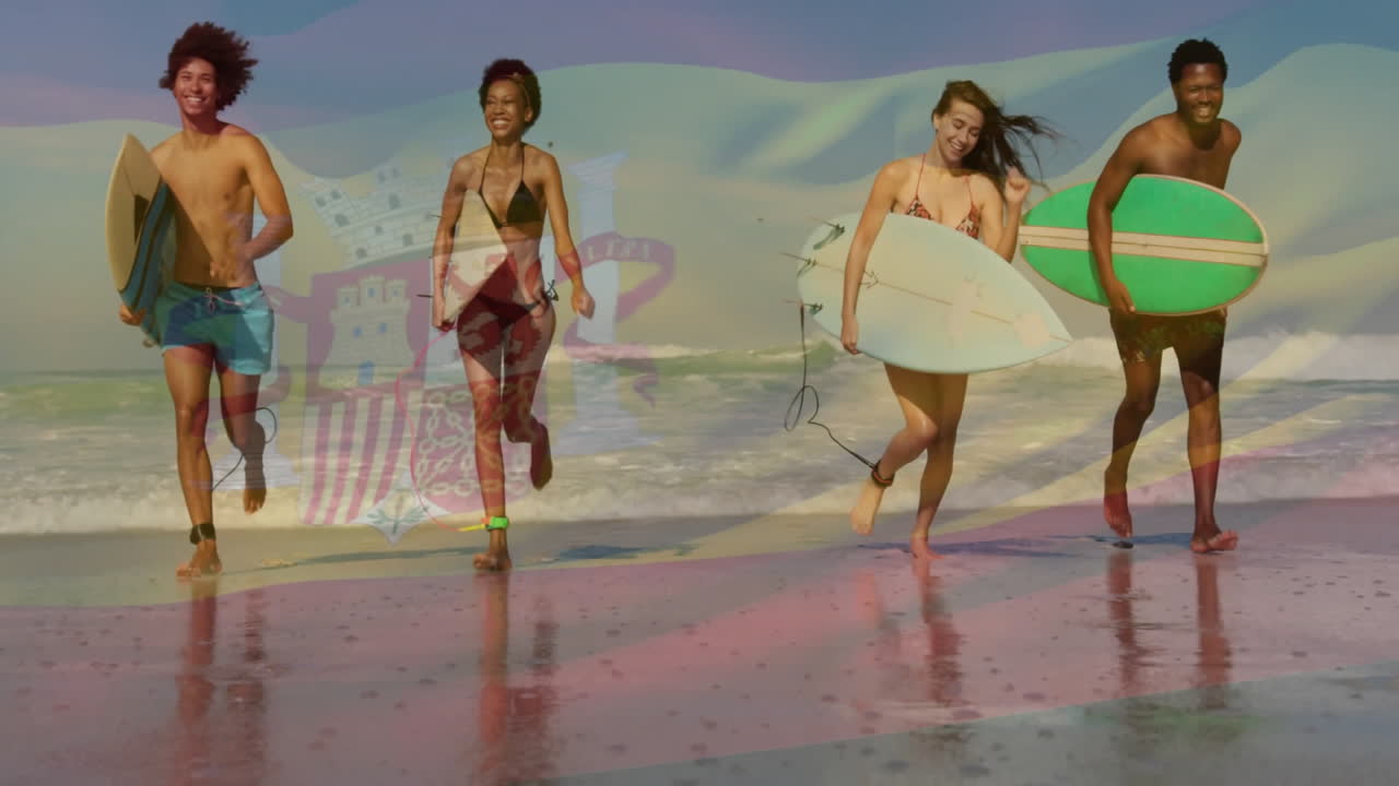 Group of friends running on beach with surfboards over Spanish flag animation