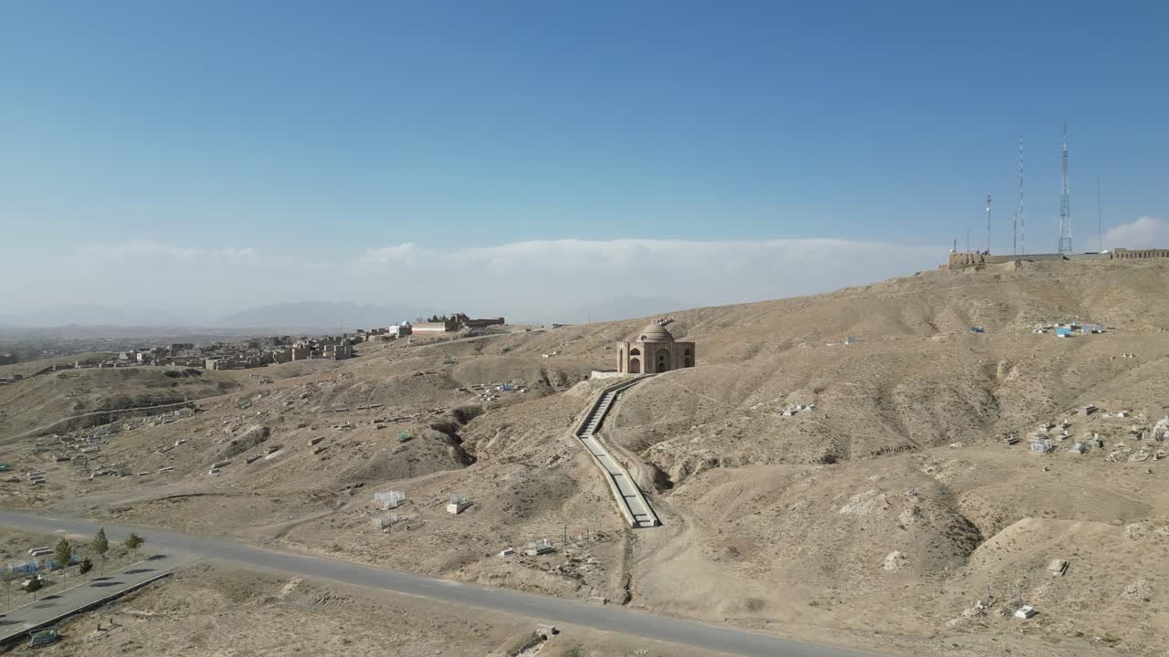 Mausoleum of Shah Shahid, Ghazni, Afghanistan, Aerial View of Ancient historic Landmark Outside of City and hills Landscape, Revealing Drone Shot