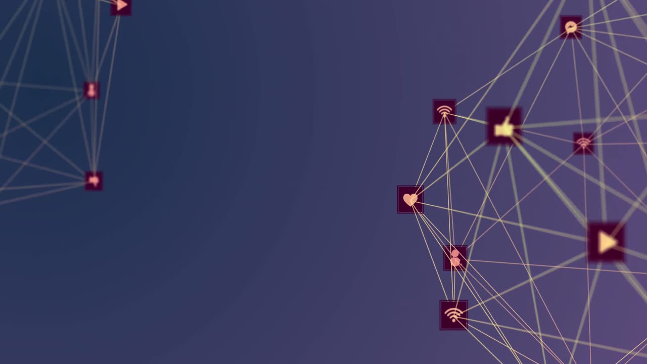animación de la red de conexiones con iconos sobre fondo violeta