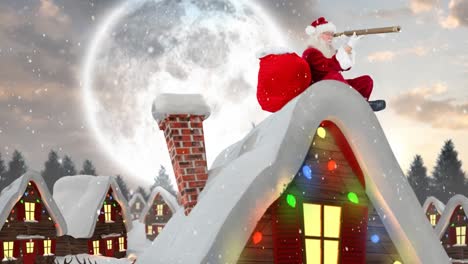 Santa-clause-on-a-roof-of-a-decorated-house-in-winter-scenery-combined-with-falling-snow