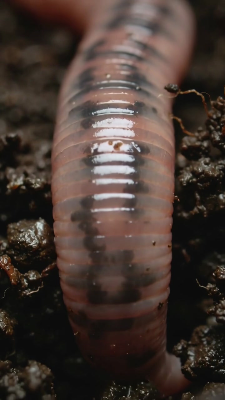 Vertical video: Filming single earthworm sliding through damp soil, seeking deeper moisture
