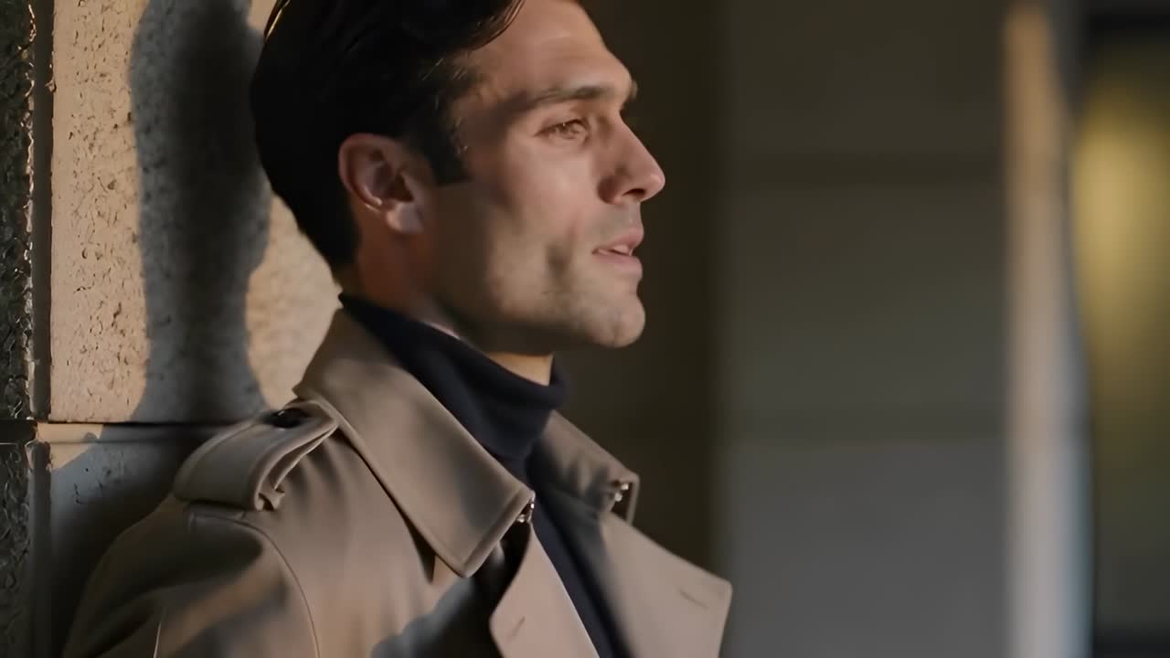 Uomo con trench color cammello e dolcevita scuro che entra nell'inquadratura, appoggiato a una colonna al tramonto, immerso nei suoi pensieri.
