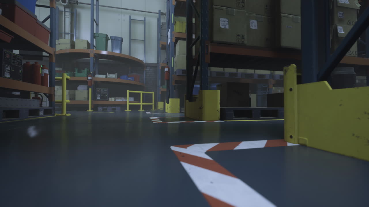 Busy warehouse filled with shelves and organized boxes during the afternoon
